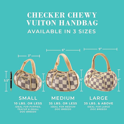 Haute Diggity Dog Checker Chewy Vuiton Handbag, Plush Designer Dog Toys with Interactive Squeaker, Stimulating Pet Enrichment, Machine-Washable & Safe Materials for All Breeds, Size Small