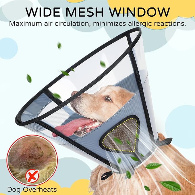 Soft Dog Cone Collar for Large Dogs, Mesh Windows Transparent E Collar for Dog, Anti-Bite Lick Wound Healing After Surgery Neuter Safety Practical Comfy Plastic Cone Black XXL