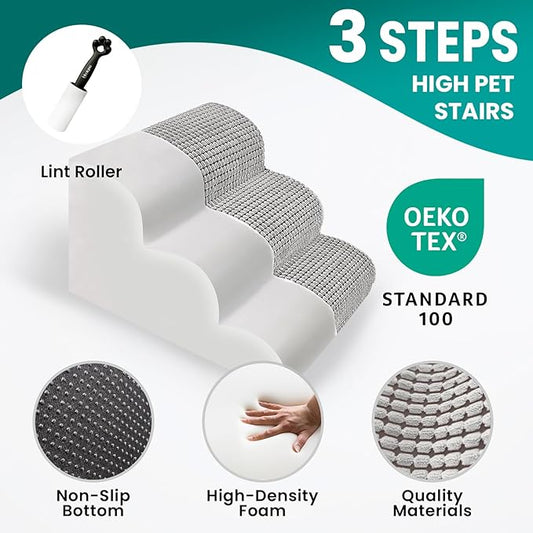 Dog Stairs for Small Dogs, 15.8 in H 3 Step Curved Dog Ramp for High Bed and Couch, Foam Dog Ramp with Durable Non-Slip Waterproof Fabric Cover, Pet Stairs for Pets Joints, Light Grey