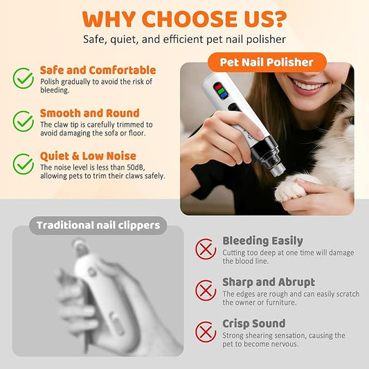 Silent Dog Nail Grinder, Cordless Grooming Pro Nail Grinder, USB Rechargeable Pet Nail Grinder, Painless Paws Grooming for Small Medium Large Dogs & Cats (2 Replacement Heads)