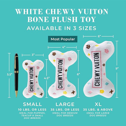 Haute Diggity Dog White Chewy Vuiton Bone, Plush Designer Dog Toys with Interactive Squeaker, Stimulating Pet Enrichment, Machine-Washable & Safe Materials for All Breeds, Size Large