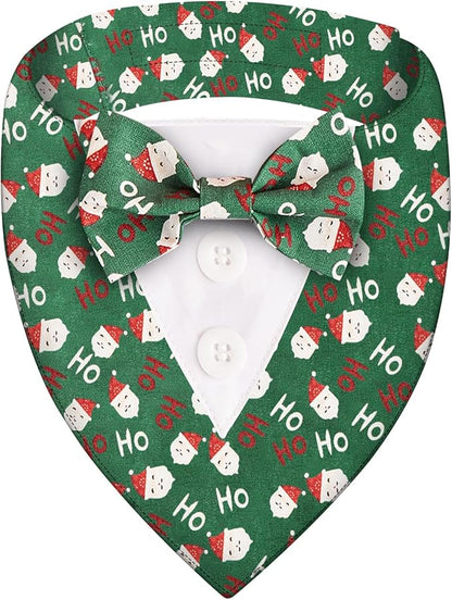 HDGDT Adjustable Green Santa Christmas Dog Tuxedo Bandana with Bow Tie - Holiday Pet Outfit Costume for Dogs XS to XL