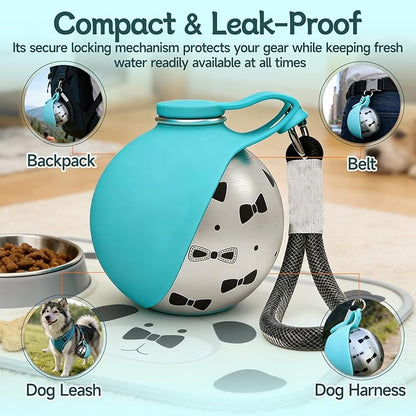 Foldable Pet Water Bottle for Travel, Reliable Dog Walking Accessories, Portable Dog Water Bowl. Leak Proof 2-in-1 Stainless Steel Dispenser, Compact Puppy Hydration Cup, Outdoor Hiking Gear