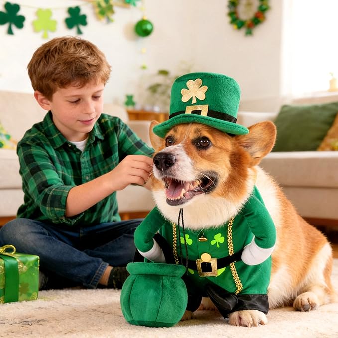 Leprechaun Dog Costume, 3 PCS St Patrick’s Day Puppy Outfit with Hat & Gold Pot, Irish Lucky Theme Celebration Green Holiday Clothes Dress Up for Dogs Cat Pet Small Medium Large