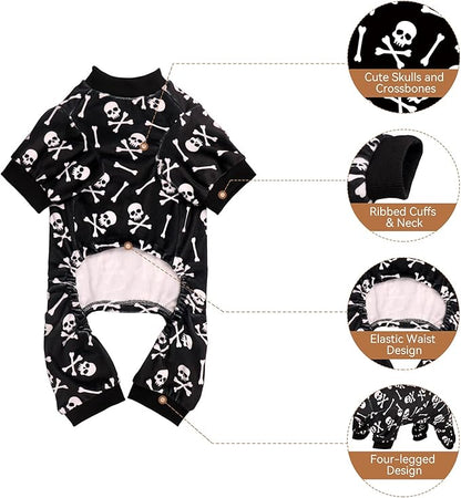 Dog Pajamas Halloween Dog Costume Short Plush Pet Pjs Skull&Crossbones Super Soft and Stretchy Pet Jammies for Small Dogs (XS)