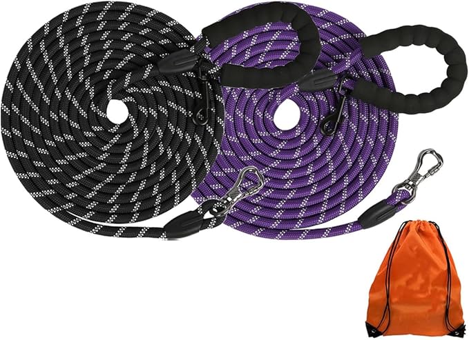 (2 Pack) Long Dog Leash for Dog Training 30FT, Lockable Hook Heavy Duty Dog Lead Tie Out Rope for Large Medium Small Dogs Outside Walking, Playing, Camping, or Yard(Black&Blue)