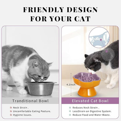 S&Q's CERAMICS Raised Slow Feeder Cat Bowl, Ceramic Elevated Food Bowl Small Dogs Slow Feeder, Flower Shaped Cute Pet Dish for Dry and Wet Food (Purple, 5.8")
