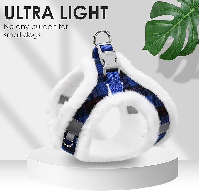 AIITLE Plush Reflective Dog Harness and Leash Set - Plaid Pattern, Warm, Soft, No-Pull, Secure with Hook & Loop Fastener, Adjustable with Padded Interior for Small Dogs (Blue, XXS)