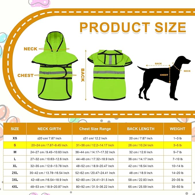 Dog Raincoat, Dog Rain Jacket Waterproof Jacket Reflective Adjustable Hooded Pet Rain Coat with Leash Hole, (Fluorescent Green, S), Intended for Large Medium Small Puppies