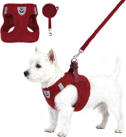 KOOLTAIL Plush Small Dog Harness and Leash Set, Warm Fleece No Pull Puppy Vest for Winter, Lightweight Reflective Step in Pet Harness for Medium Sized Dogs Boy Girl Outdoor Walking, Christmas Red S