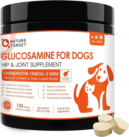 NATURE TARGET Glucosamine Joint Supplement for Dogs, Chondroitin, Omega-3, MSM, Hemp, Turmeric for Pain Relief, Dog Joint Supplement with Calcium for Bone Health, 120 Chicken Flavored Crunchy Chews