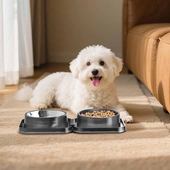 Set of 2 Stainless Steel Dog Food and Water Bowl with Puzzle Dish, Freely Combinable Feeding Set for Dogs Cats, Spill Proof Neater Dog Bowls, Pet Feeder Bowl for Puppy Small Breeds