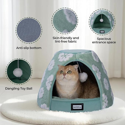 BALANCE Cat Beds for Indoor Cats, 2-in-1 Cat Bed Cave with Anti-Slip Bottom and Ultra-Soft Plush, Cozy Cats House Tent for Kittens and Small Dogs, 21 Inches, Green