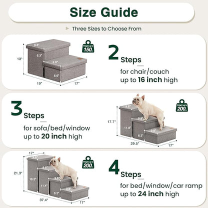Love's cabin Dog Stairs for High Bed 18"H,Foldable Pet Stairs for Small Medium or Large Dogs Puppy with Storage for Bed or Couch, Cat Dog Steps Ramp with Zip up to 200 lbs(Solid Grey,3 Steps no Condo)