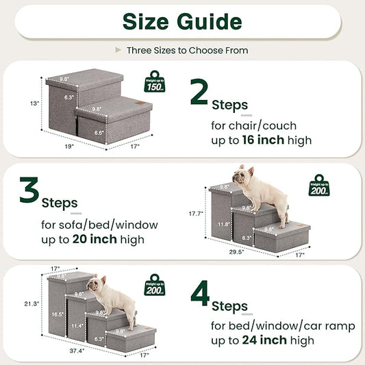 Love's cabin Dog Stairs for High Bed 18"H,Foldable Pet Stairs for Small Medium or Large Dogs Puppy with Storage for Bed or Couch, Cat Dog Steps Ramp with Zip up to 200 lbs(Solid Grey,3 Steps no Condo)
