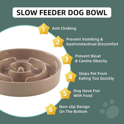 Ceramic 1.2 Cup Slow Feeder Dog Bowl for Medium and Small Breed, 7.3inch Puzzle Dog Food Dish, Anti-Gulping, Stop Bloat, Preventing Choking (Single Bowl-Brown Coffee)