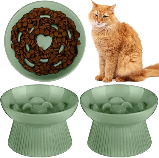 Tioncy 2 Pcs Raised Cat Slow Feeder Bowl Ceramic Elevated Cat Dog Food Bowl No Spill High Edge for Dry Wet Food and Water Easy to Clean, Dishwasher Safe(Sage Green)