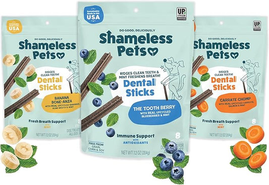 Shameless Pets Dental Chews for Dogs, Variety (3-Pack) - Natural Dog Teeth Cleaning Treats with Fresh Breath Benefits | Grain-Free Dental Sticks for Small, Medium & Large Dogs