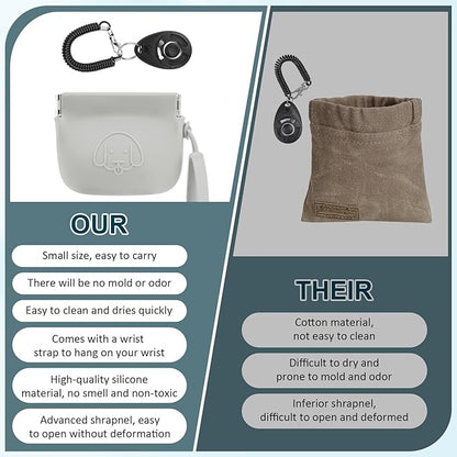 WALLFID Silicone Dog Treat Pouch Small Bag,Auto Closure,with Pet Training Clicker,Walking Bag for Dog and Cat,Pocket Size,Easy to Clean,Odorless (light grey)