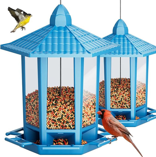 Birdream 2 Pack Bird Feeders for Outdoor Hanging, Retro Pagoda Design Fun Installation Bird Feeders, Attracting Wild Birds Chickadees Goldfinches Cardinals Finches and Sparrows - Blue