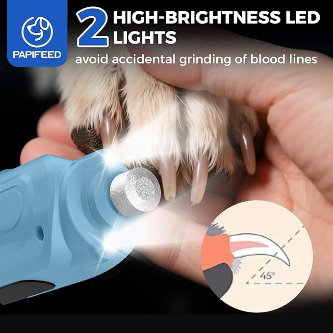 PAPIFEED 6-Speed Dog Nail Grinder Quiet with Dog Nail Trimmers, 2 LED Lights & Dust-Proof Cover, Nail Grinder for Large/Medium/Small Dogs & Cats, Rechargeable Type-C Charging - Blue Kit