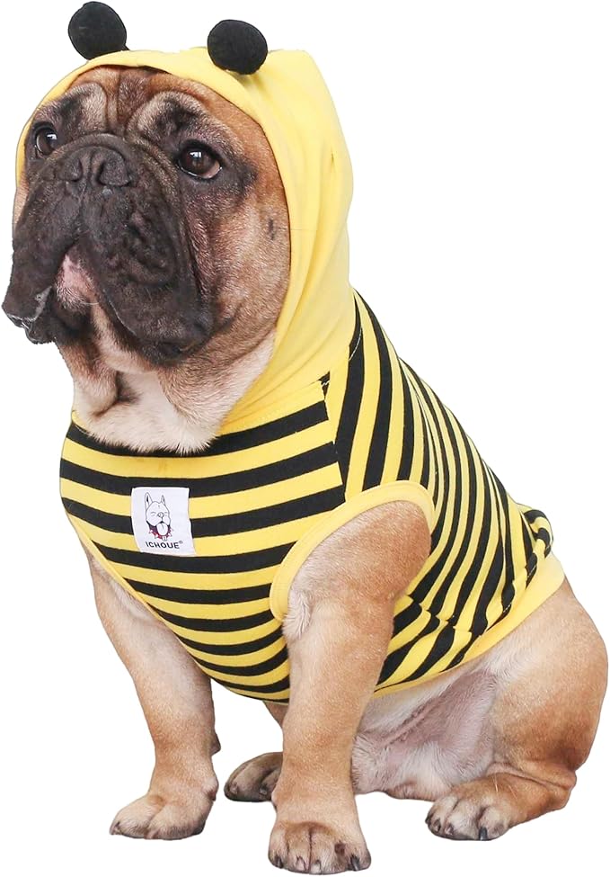 iChoue English Bulldog Bee Honeybee Bumblebee Caterpillar Insect Halloween Costumes Hoodies Sleeveless Clothes Outfits Cosplay Shirts for Dogs Pitbull American Bully - Black Yellow, XXLarge