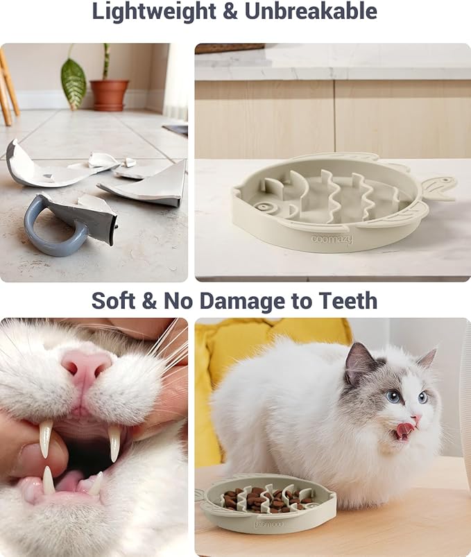 Coomazy 2-in-1 Silicone Slow Feeder Dog Cat Bowls, Lick Mat Interactive Puzzle Toy for Pets Food Training, Keeps Dogs Cats Busy, Prevents Puppy Kitty Overeating (Beige, 1.2 Cup)