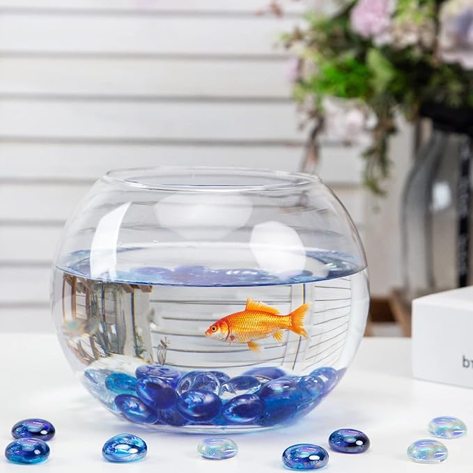 FUTUREPLUSX 1LB Iridescent Flat Glass Marbles, Vase Fillers Blue Mixed Glass Beads Rocks for Fish Tank Aquarium Decor DIY Craft