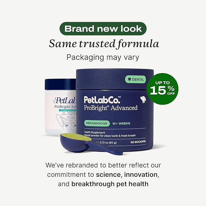 PetLab Co. ProBright Advanced Dental Powder - Dog Breath Freshener - Teeth Cleaning Made Easy – Targets Tartar & Bad Breath - Packaging May Vary - Formulated for Medium Size Dogs