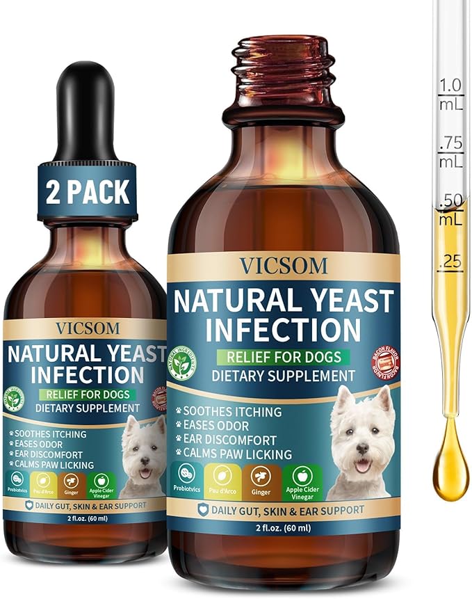 VICSOM Natural Dog Yeast Infection Treatment for Dogs, 2 Pack Itchy Skin & Ear Treatment Natural Support Allergy Relief, Dog Yeast Infection Relief, Irritation, Itching & Inflammation, 60ml x2
