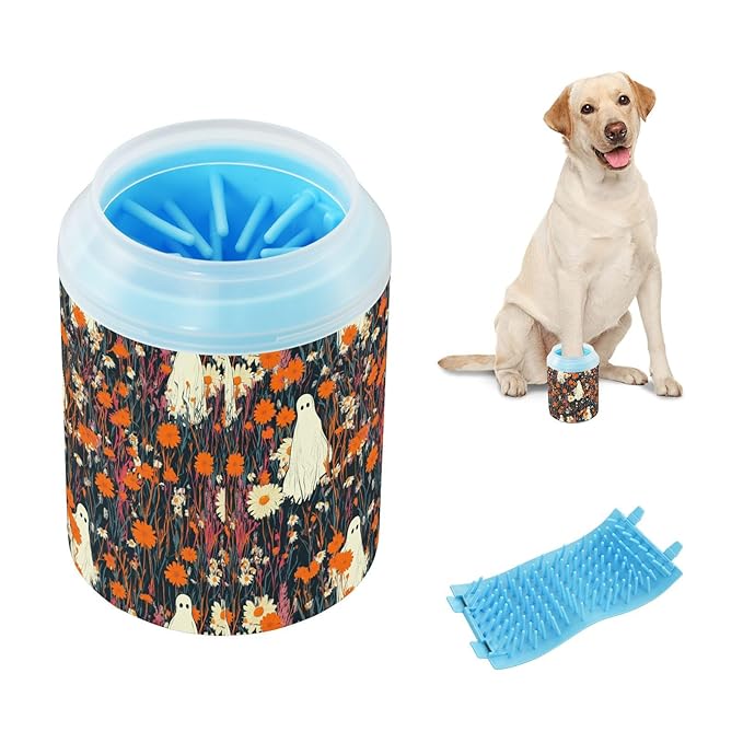Dog Paw Cleaner Cups for Dogs Pets Foot Washer Paw Scrubber for Medium Small Cats Dogs Cleaning Cup White Ghost Pop Art Wildflower