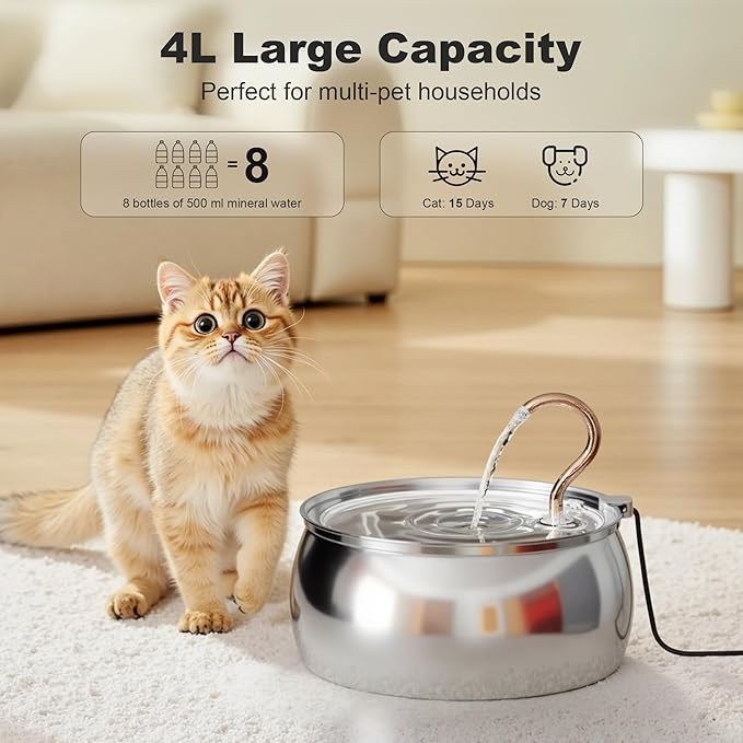 Casfuy PWS-143 Stainless Steel Cat & Dog Water Fountain with Swan-Neck Copper Spout, 135-oz