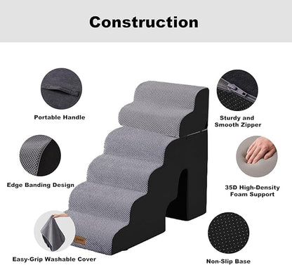 Dog Ramp for High Beds - 28.5" H 6 Steps Pet Stairs for Large Dogs with Tunnel 2 in 1 with Zippers Suitable, Indoor Cat Ladders with Non-Slip Bottom, Black