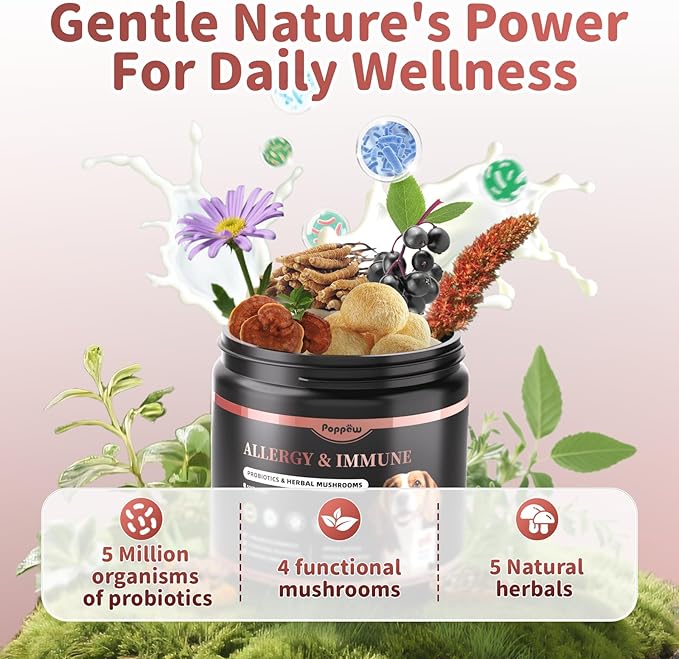 Dog Allergy Chews, Probiotics Supplement for Dogs Seasonal Allergies & Immune Support & Gut Health Pro, Mushroom Soft Chews for Joint, Energy, Itching Skin Support, Bacon Flavor - 90 Count