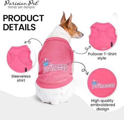 Parisian Pet Dog T-Shirt - Embroidered ' Princess' Breathable Pink Dog Shirt - Sleeveless Pet Vest - Princess Dog Clothes - Machine Washable Dog Shirts for Small Dogs - XS
