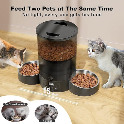Automatic Cat Feeder for 2 Cats, 3L Food Dispenser SURDY Auto Cat Feeder with 2 Stainless Bowls (Black, 3L)