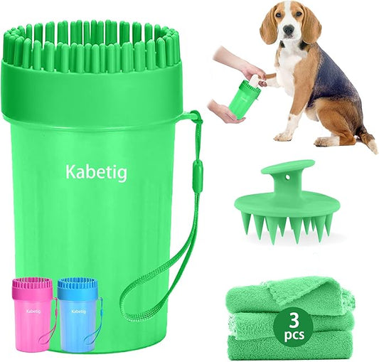 Dog Paw Cleaner for Meduim/Small Breed Dogs with 3Pcs Absorbent Towels & Graspable Dog Bath Brush (Green, Medium)