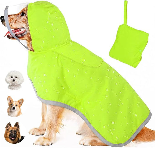 Dog Raincoat, Adjustable Dog Rain Jacket with Hood, Poncho with Reflective Straps for Small Medium Dogs, Lightweight Puppy Clothes (Green, L)
