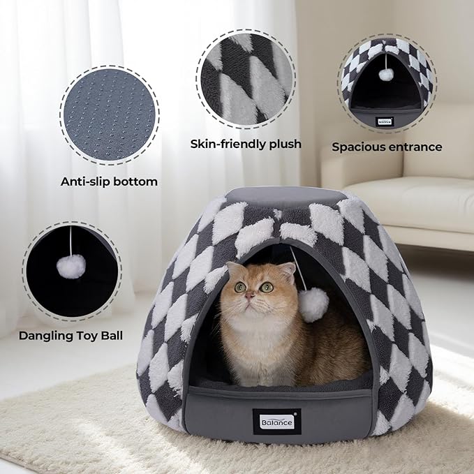 BALANCE Cat Beds for Indoor Cats, 2-in-1 Cat Bed Cave with Anti-Slip Bottom and Ultra-Soft Plush, Cozy Cats House Tent for Kittens and Small Dogs, 21 Inches, Dark Grey