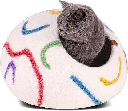 MEOWFIA Cat Cave – Premium Felt Cat Bed for Indoor Cats, Handmade 100% Merino Wool, Cat (Large, Ivory Rainbow)