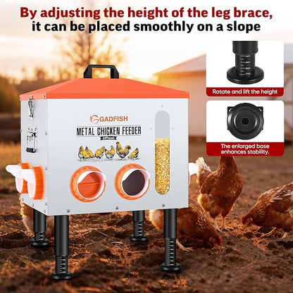 GADFISH 55LBS Large Capacity Automatic Chicken Feeder - Upgraded Window Design Allows Viewing of Feed Conditions, 8 Feeding Ports, Anti-Waste Design, Height-Adjustable Legs & Secure