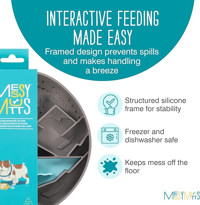 Messy Mutts and Cats Interactive Slow Feeder | Mountain Grey - 2 Cup Capacity | 8” Round Silicone Puzzle Slow Feeder for Dogs/Cats | Enrichment Food Dish for Slow Eating, Bloating
