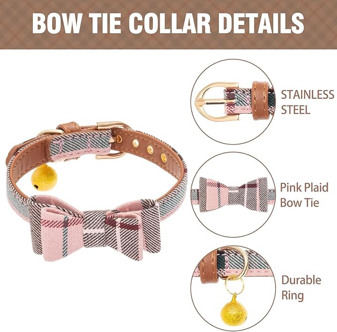 KOOLTAIL Pink Girl Dog Collar and Leash Set for Small Dogs with Bowtie and Bells - Puppy Collar and Leash with Classic Plaid Matching Pattern, Soft Leather Tangle Free Leashes for Small Dogs
