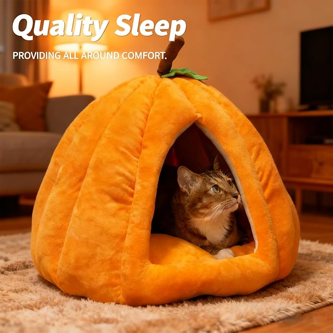 Cat Bed for Indoor Cats - Adorable Cozy Pumpkin Cat Cave with Removable Cushion, Super Soft Pet House Tent for Kittens & Small Pets, Warm & Washable Non-Slip Design(S 15 inch Grey)