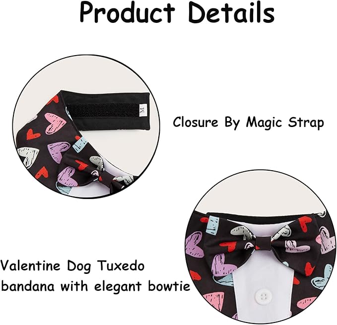 Valentine Dog Tuxedo Bandana with Bow Tie, Adjustable Tuxedo Style Heart Pattern Pet Costume for Dogs, XS to XL
