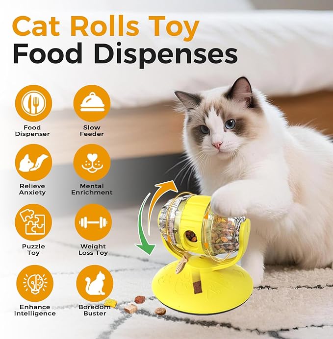 Cats Slow Feeder 4.6" High Cat & Dog Dry Food Dispenser Toy with Wine Barrel Spinner, Treat Dispenser for Boredom & Anxiety Relief, IQ Training for Small/Medium Pets (Yellow)