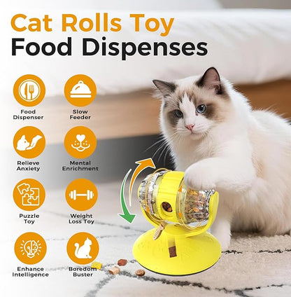 Cats Slow Feeder 4.6" High Cat & Dog Dry Food Dispenser Toy with Wine Barrel Spinner, Treat Dispenser for Boredom & Anxiety Relief, IQ Training for Small/Medium Pets (Yellow)
