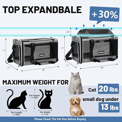 PAPZER Cat Carrier Top-Expandable 18x11x11, United Delta American Airline Approved Dog Carrier, Soft-Sided Pet Carry Bag Under-Seat in Cabin, Puppy Airplane Travel Crate TSA Plane Kitten Cage Grey
