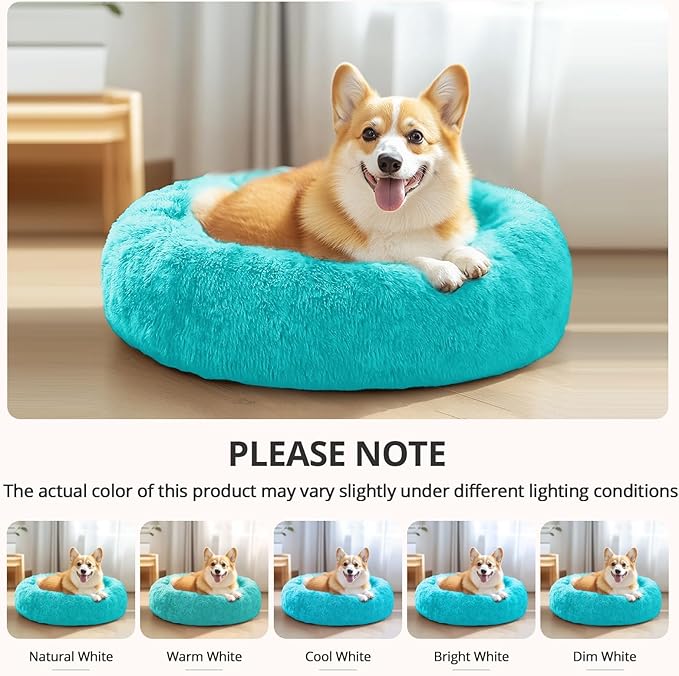 JOLLYVOGUE Small Dog & Cat Beds for Indoor Cats, Donut Cuddler Warming Soft Dog Beds with Anti-Slip Bottom, Round Calming Fluffy Plush Faux Fur Cushion Bed for Large Dogs (36", Aqua Blue)