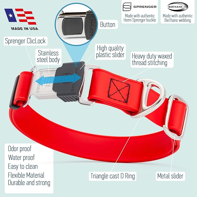 Dogline Biothane Waterproof Dog Collar with Herm Sprenger Stainless Steel Quick Release Buckle – Heavy Duty Tactical Durable Collar for Dogs – Comfortable and Safe Pet Collar, W 3/4" L 12-19", Red